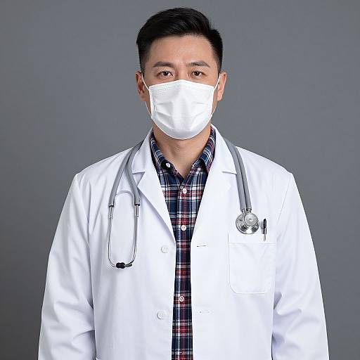 Photograph of an Asian male doctor with short black hair, wearing a white lab coat, plaid shirt, and surgical mask, with a steth
