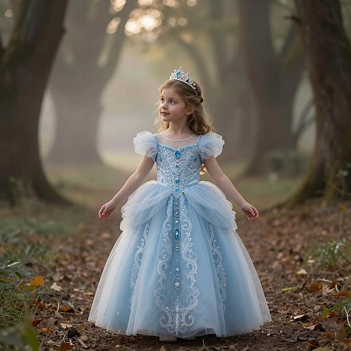 Young Girl in Blue Princess Gown in Woodland