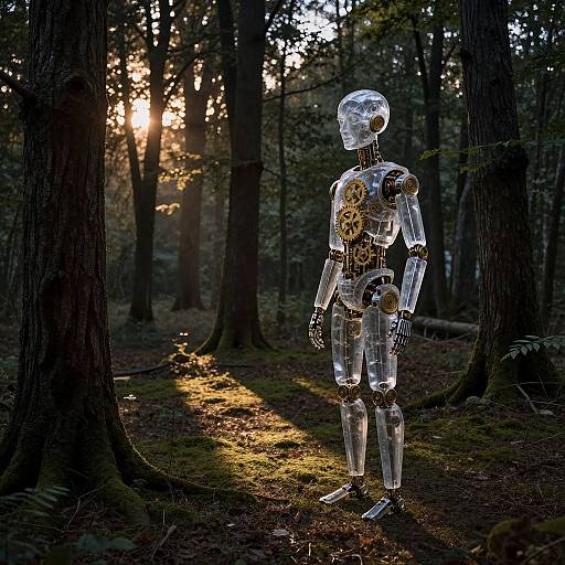 Photograph of a transparent, silver humanoid robot standing in a dark, sunlit forest, with sunlight filtering through tall trees.