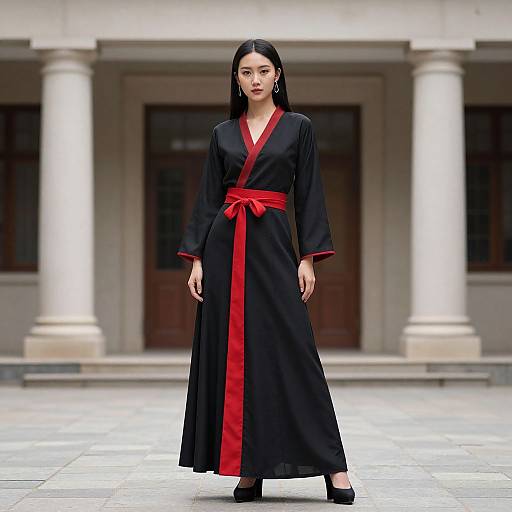 Photograph of an Asian woman with straight black hair, wearing a black robe with red trim and belt, standing in front of classical columns.