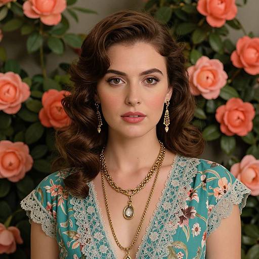 Photograph of a beautiful woman with wavy brown hair, wearing a teal floral lace dress, gold necklace, and earrings, set against a backdrop of