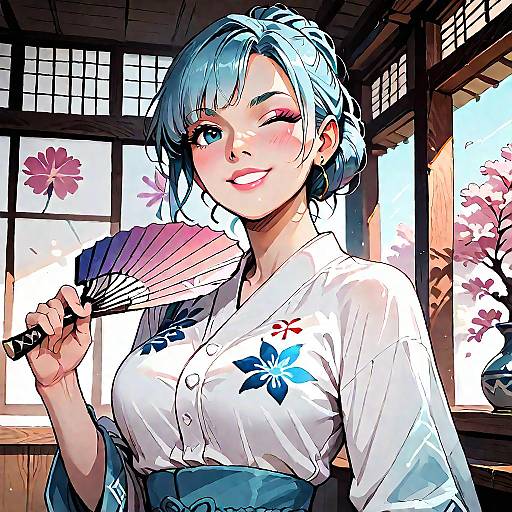 Anime Girl in Dojo with Fan