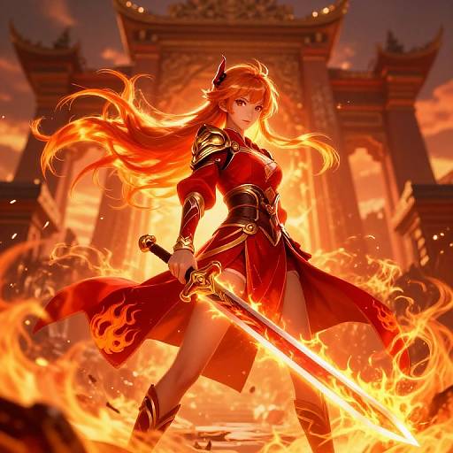 Digital anime-style artwork of a red-haired, armored warrior woman wielding a flaming sword, standing confidently in front of a blazing, ornate temple gate.