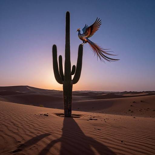 Photograph of a vibrant quail with spread wings perched on a cactus in a desert at sunset, casting a long shadow on rippled sand