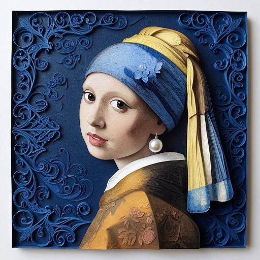 Digital artwork of a classic Dutch woman in a blue headscarf with yellow ribbon, pearl earring, and ornate golden jacket, set against a