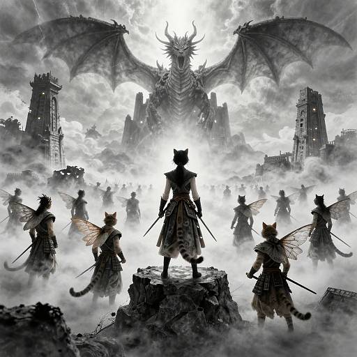 Digital artwork: Silhouetted cat-human warriors with wings face colossal dragon amidst cloudy sky, surrounded by crumbling castles, wielding swords, in a