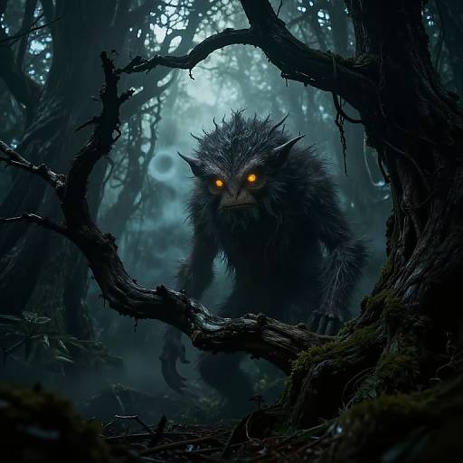 Digital art of a menacing, glowing-eyed, dark-furred forest creature with spiky hair, emerging through a twisted, moss-covered tree in a fog