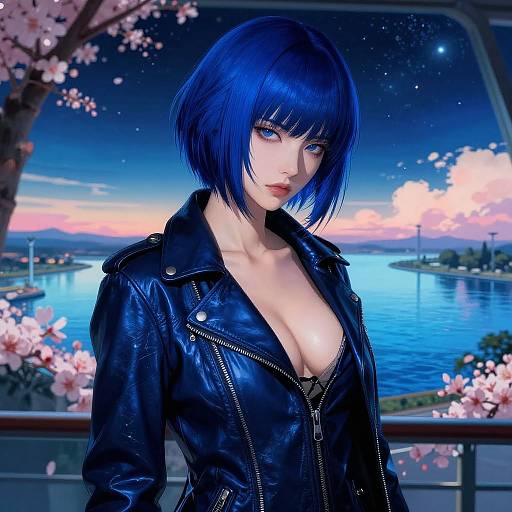 Digital anime-style portrait of a blue-haired woman with blue eyes, wearing a black leather jacket, exposing cleavage, standing by a serene lake with cherry