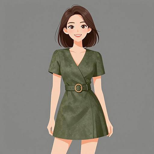 Smiling Woman in Olive Green Dress