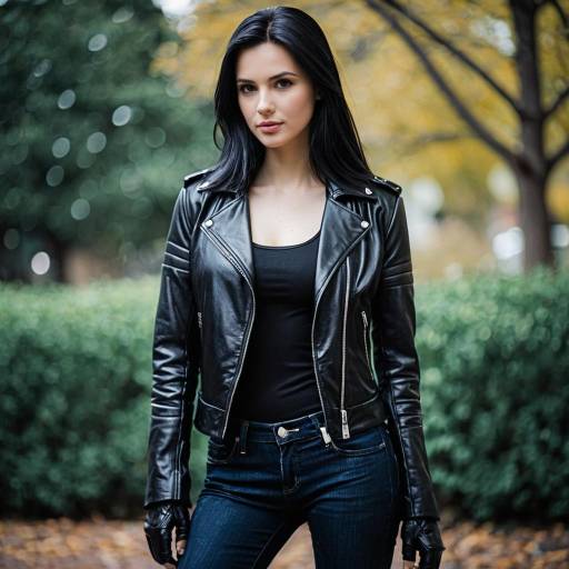 Confident Woman in Black Leather Jacket