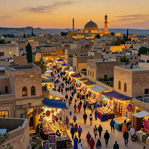 Photograph of a bustling evening bazaar in a historic Middle Eastern city, with illuminated stalls, crowd, sunset sky, and prominent dome-topped mosque