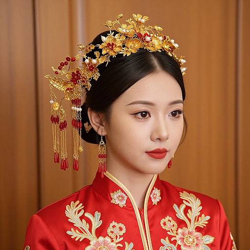 Photograph of an East Asian woman with fair skin, black hair in a bun, wearing a red embroidered silk robe, and a golden floral headpiece