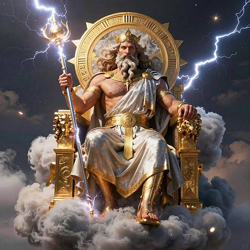Digital artwork of Zeus-like figure with lightning bolt, crown, white and gold toga, sitting on golden throne amidst clouds and lightning.