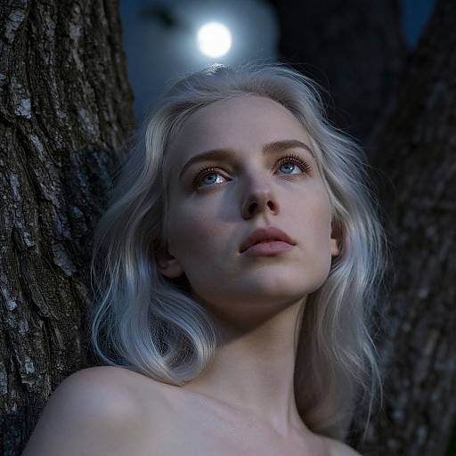 Photograph of a young, pale-skinned blonde woman with blue eyes, looking upward, standing against tree trunks at night, illuminated by a distant