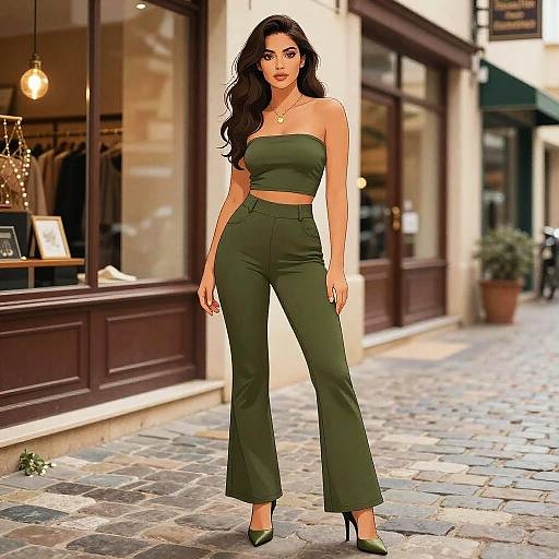 Photograph of a young woman with long black hair, wearing a green strapless crop top and high-waisted pants, standing on a cobble