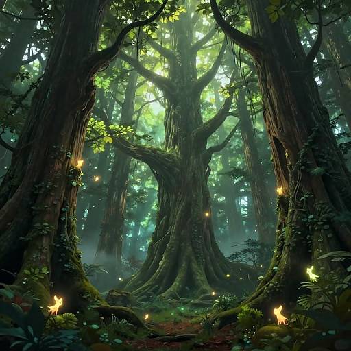 Digital fantasy artwork of a mystical forest with towering trees, glowing fireflies, and ethereal green light filtering through dense foliage.