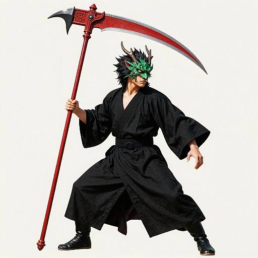 Digital anime-style illustration of a fierce warrior with spiky black hair, green mask, black robe, and large red scythe, standing against a white