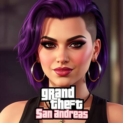 Digital portrait of a confident woman with purple hair, side undercut, hoop earrings, red lipstick, and bold makeup. Text reads 