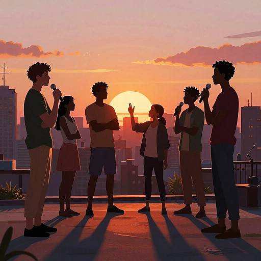 Silhouetted friends enjoying sunset on rooftop, holding drinks, cityscape in background, digital art in vibrant orange and purple hues.