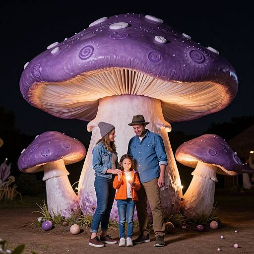 Photograph of a family with a young girl in an orange jacket, standing in front of giant, glowing purple mushrooms at night.