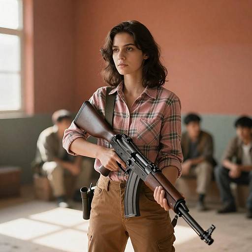 Woman Holding Rifle in Sunlit Room