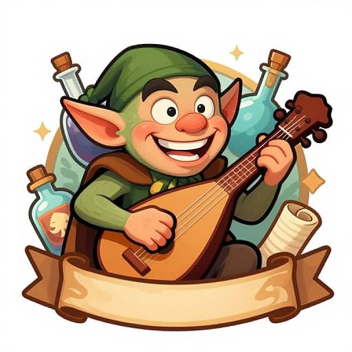 Cartoon elf with green headscarf, brown cloak, and large nose, joyfully playing a lute. Background features colorful bottles and a scroll