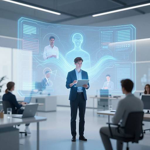 Photograph of a business presentation in a modern office, featuring a man in a suit presenting to seated audience, with a glowing blue holographic projection of