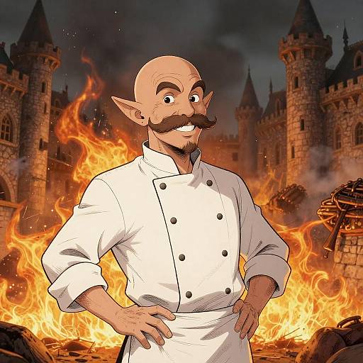 Bald Elf Cook with Moustache in Medieval City Fire