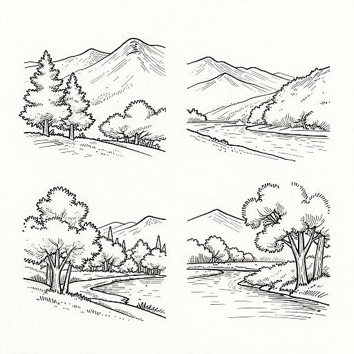 Black and white line drawing of a mountainous landscape with trees and shrubs, featuring hilly terrain and detailed foliage.