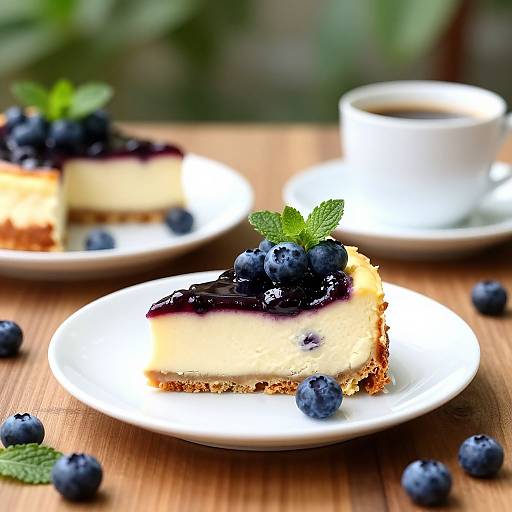 Photograph of a creamy blueberry cheesecake slice with a mint garnish, topped with blueberries on a white plate, beside a small white cup