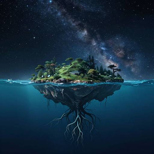 Photograph of a small, lush island with trees and roots reflecting in calm water under a starry night sky.