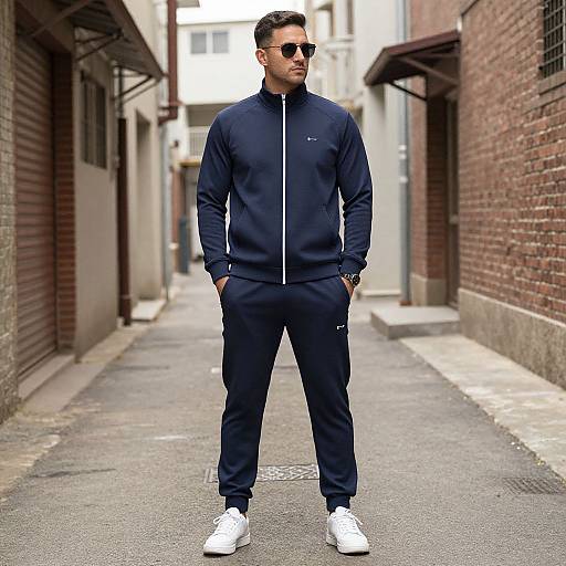 Photograph of a confident man in navy tracksuit, white sneakers, and sunglasses, standing in a narrow urban alleyway with brick walls.
