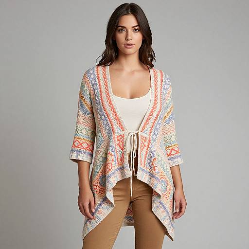 Photograph of a dark-haired woman with light skin, wearing a white, patterned, long-sleeve cardigan over a white top, and