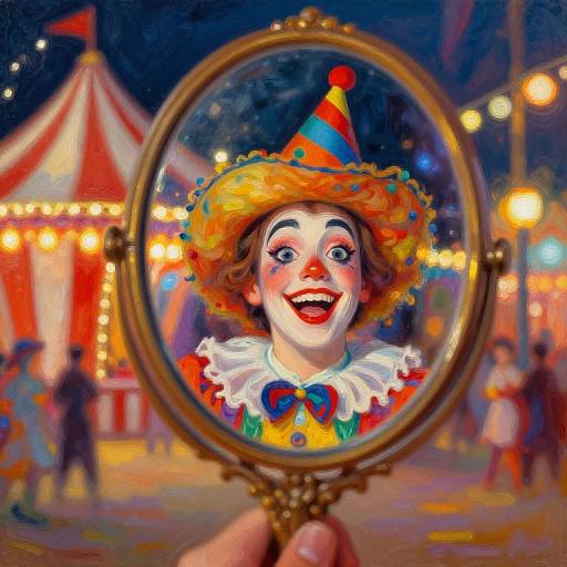 Photograph of a vibrant clown face reflected in a golden mirror, with a colorful hat, white ruffled collar, and red smile, set against a