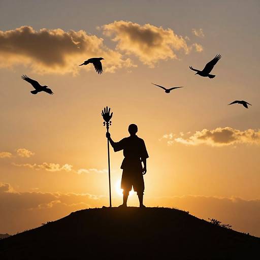 Silhouetted warrior with staff, standing on hill, backlit by vibrant sunset, with birds flying overhead; dramatic, golden-orange sky.