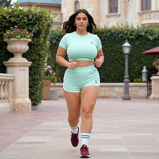 Photograph of a fit woman with long black hair, light skin, wearing a mint green sports bra and shorts, white socks with blue stripes, and