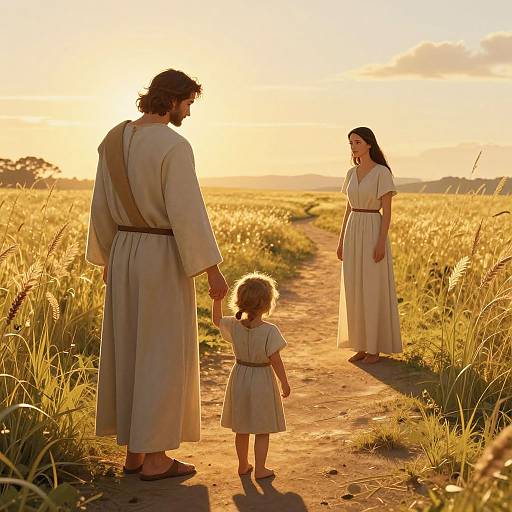 Photograph of a biblical scene: A bearded man in a white robe holds the hand of a curly-haired toddler, walking towards a smiling woman in