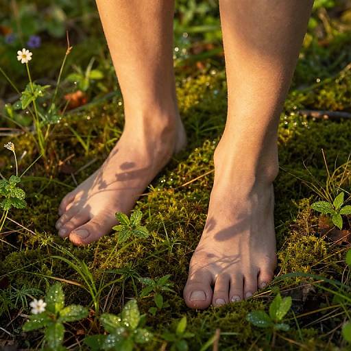 Photograph of bare, light-skinned feet standing on lush, green moss with small white and purple flowers, bathed in sunlight.