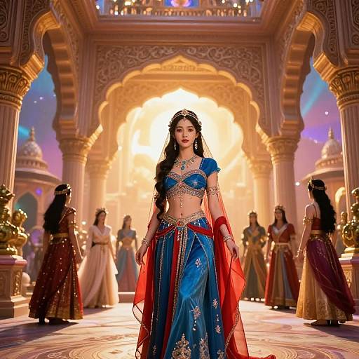 Photograph of a glamorous Indian woman in a blue and red traditional lehenga with gold jewelry, standing confidently in an ornate, sunlit palace hallway
