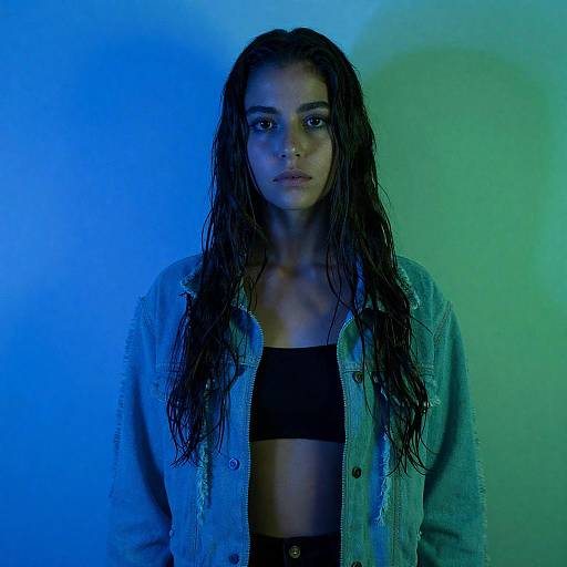 Young Woman in Neon Blue and Green Light