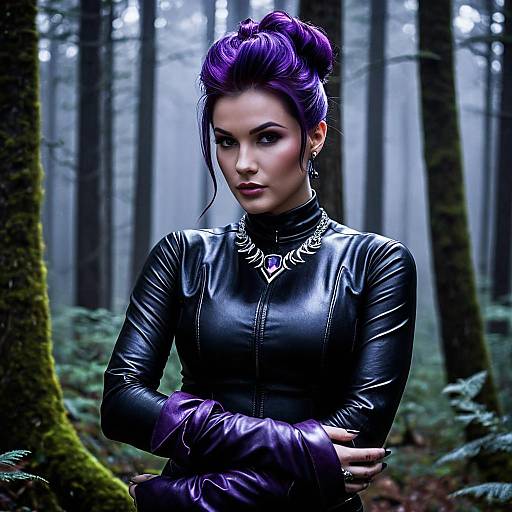 Woman with Purple Hair in Leather Outfit in Forest
