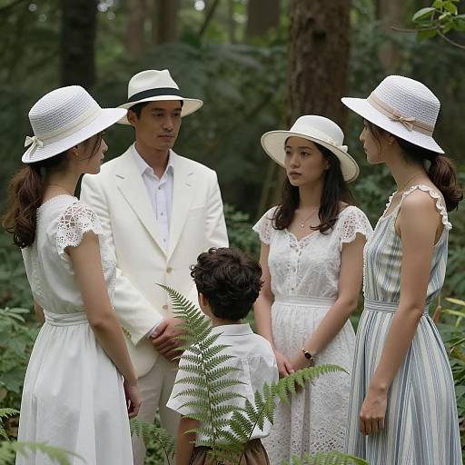 Group of People in White Clothing in Forest