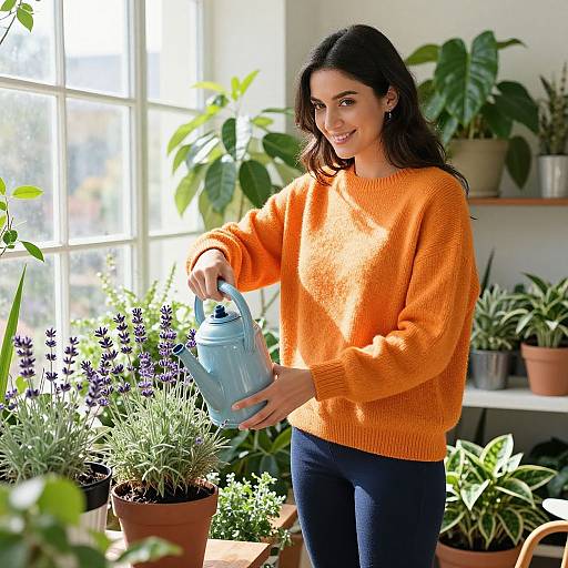 Photograph of a smiling woman with long dark hair, wearing an orange sweater and blue jeans, watering lavender plants in a bright, sunlit greenhouse.