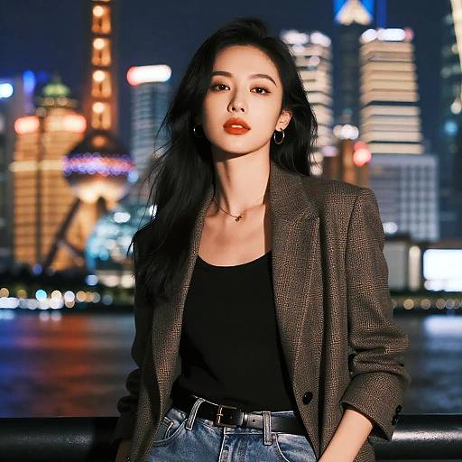 Photograph of an Asian woman with long black hair, red lipstick, wearing a brown blazer, black top, and blue jeans, against a nighttime