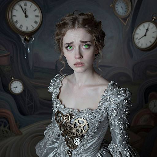 Digital art of a sad, green-eyed woman with pale skin in an ornate, silver, steampunk dress, surrounded by clock faces.