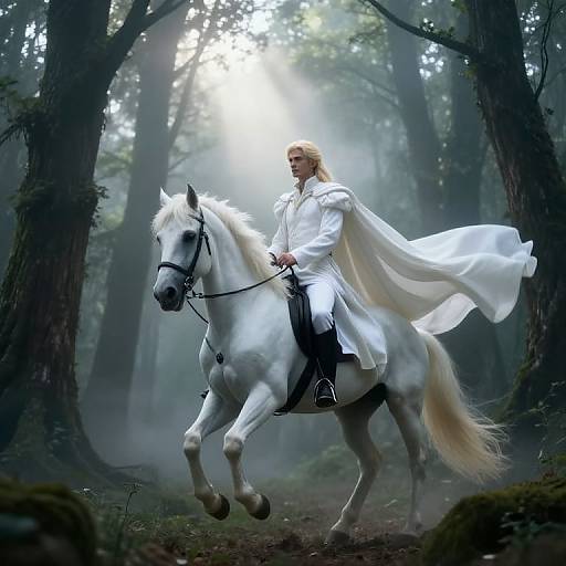 Photorealistic digital artwork of a blonde man in a flowing white robe riding a white horse through a misty forest.