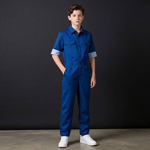 Young man with short brown hair, wearing a blue jumpsuit with rolled-up sleeves, and white sneakers, stands against a dark background.