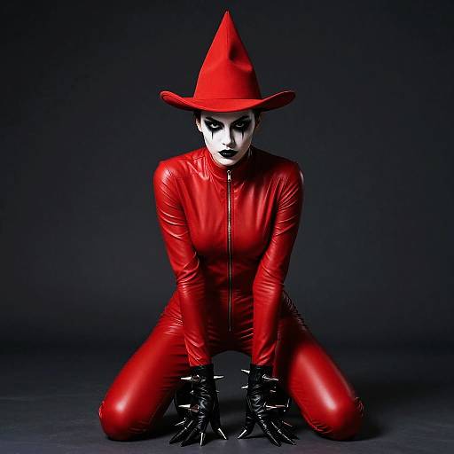 Woman in Red Bodysuit and Spiked Gloves