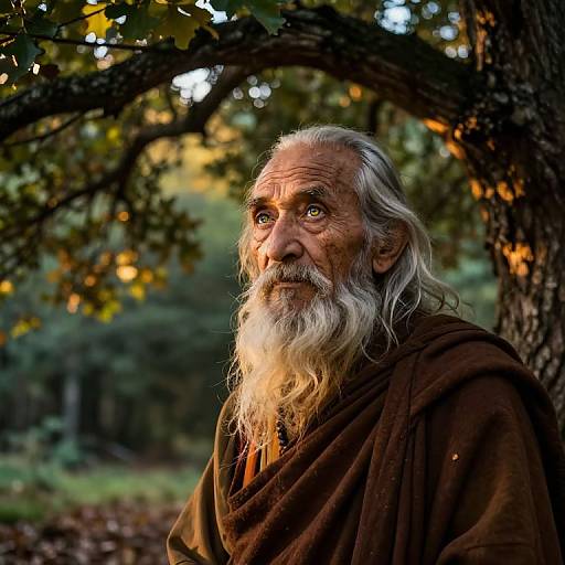 Photograph of an elderly, white-haired man with a long, white beard, wearing a brown cloak, standing under a tree with golden sunlight filtering through