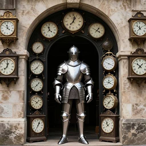 Photograph of a shiny, full-plate medieval knight statue standing between two arched stone walls adorned with vintage clocks on both sides.